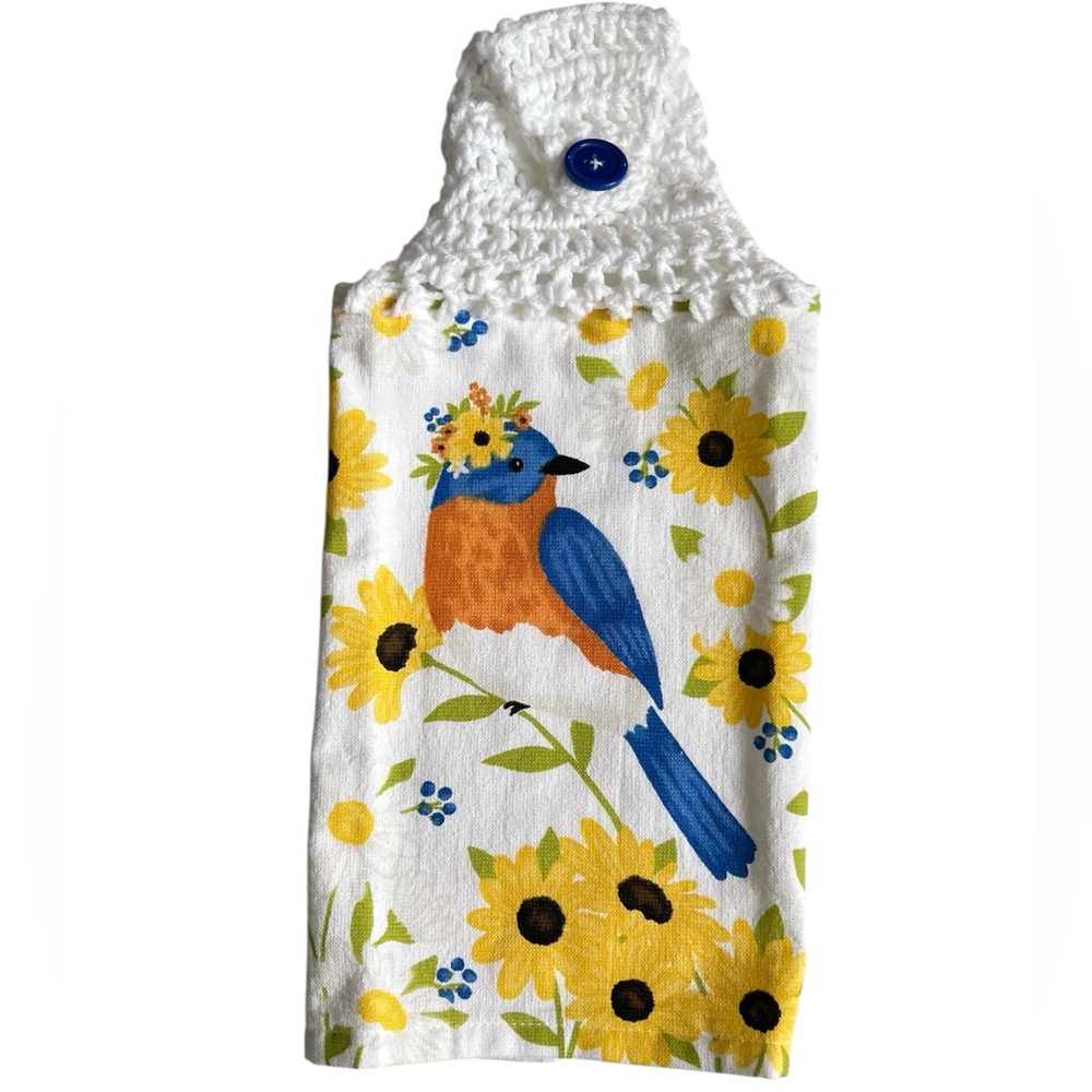Hand Crafted Floral Blue Bird Hanging Kitchen Hand Towel Crochet Top - Picture 3 of 8